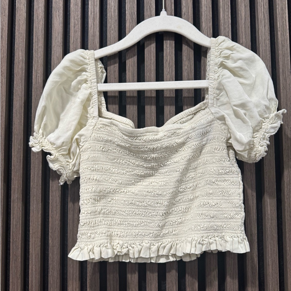 Katie J NYC Girls lSmocked Puff Sleeve Crop Top - Cream